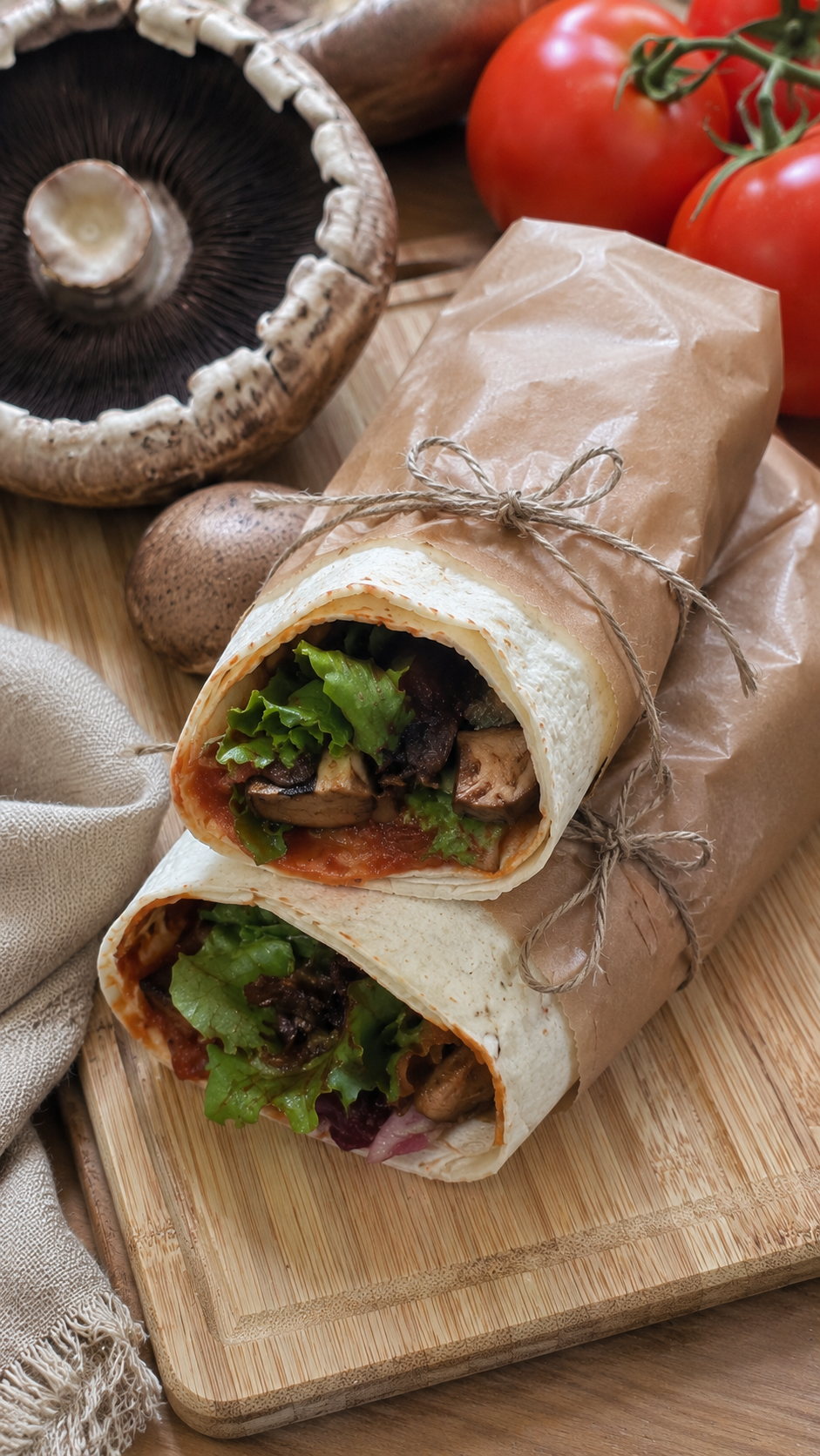Portobello-Wraps mit Tomatencreme, Romanasalat und gebratenen Portobellos auf einem Teller.