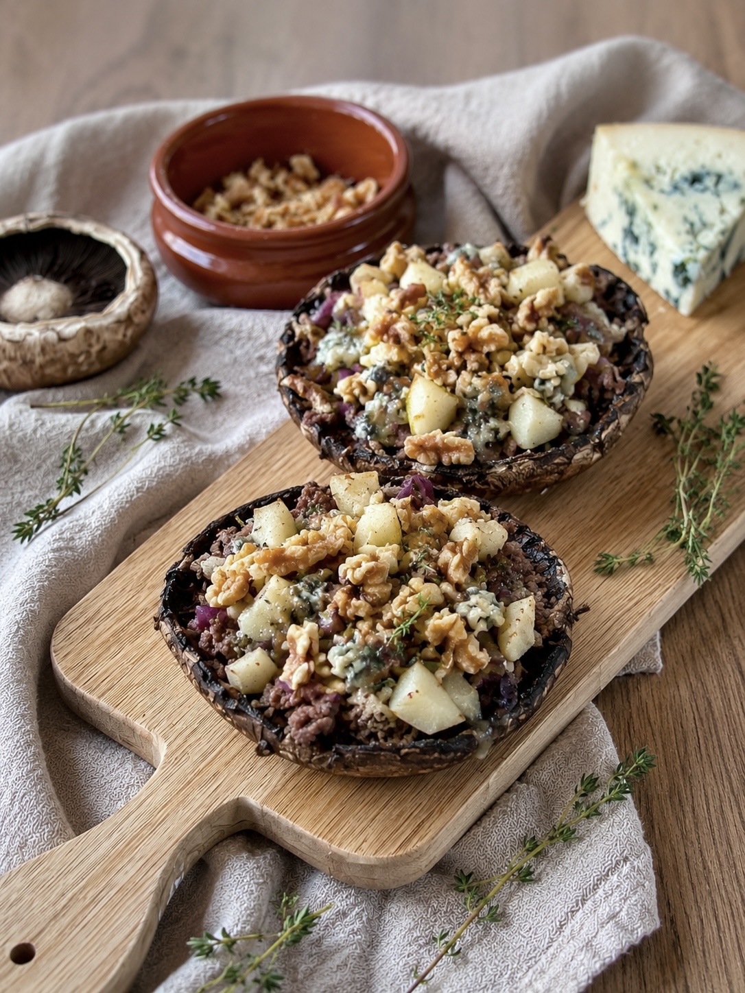 Gefüllte Portobellos mit Hackfleisch, Birne, Walnüssen und Gorgonzola in einer Auflaufform.