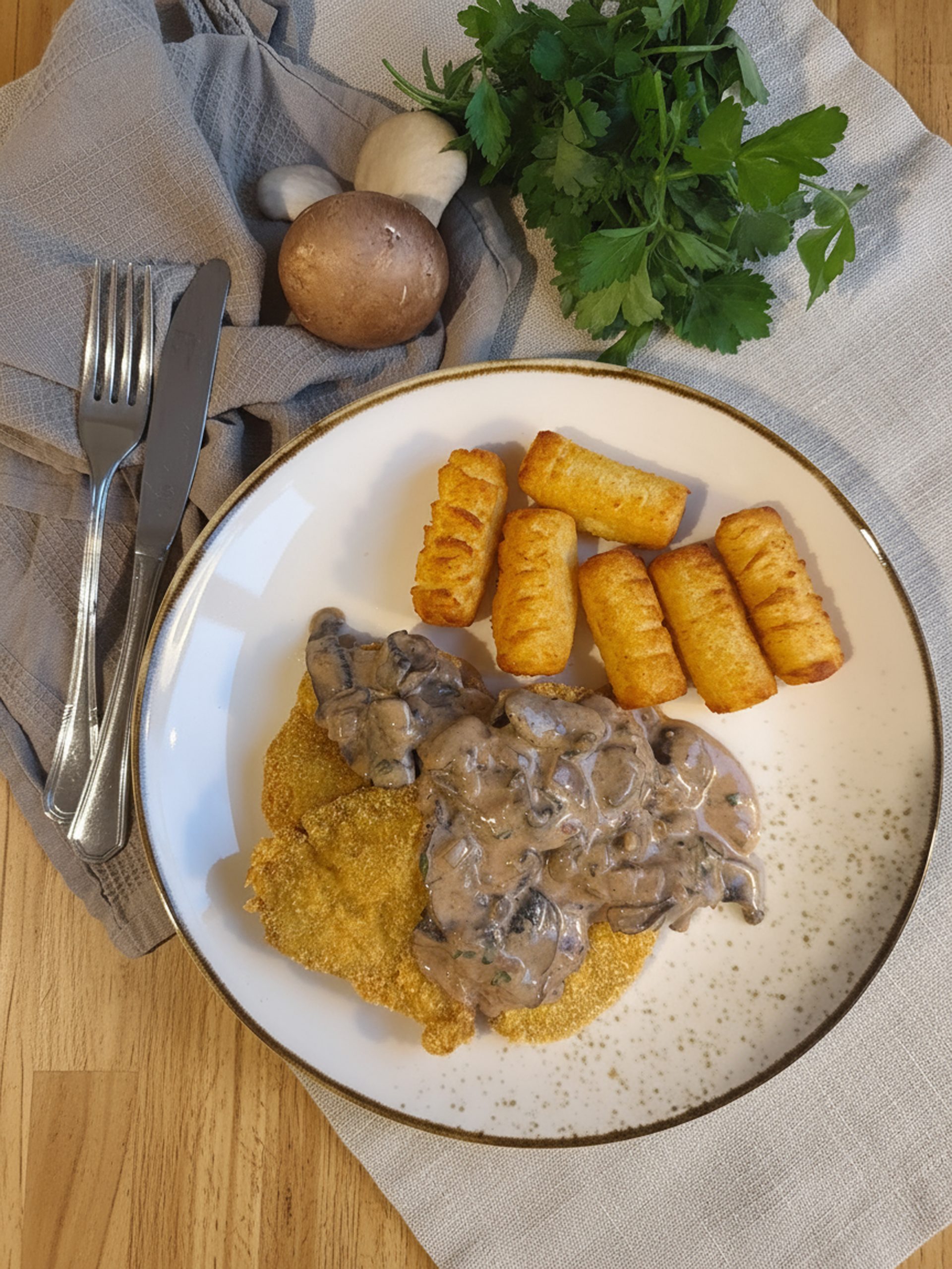 Pilz-Schnitzel mit cremiger Champignon-Soße auf Teller